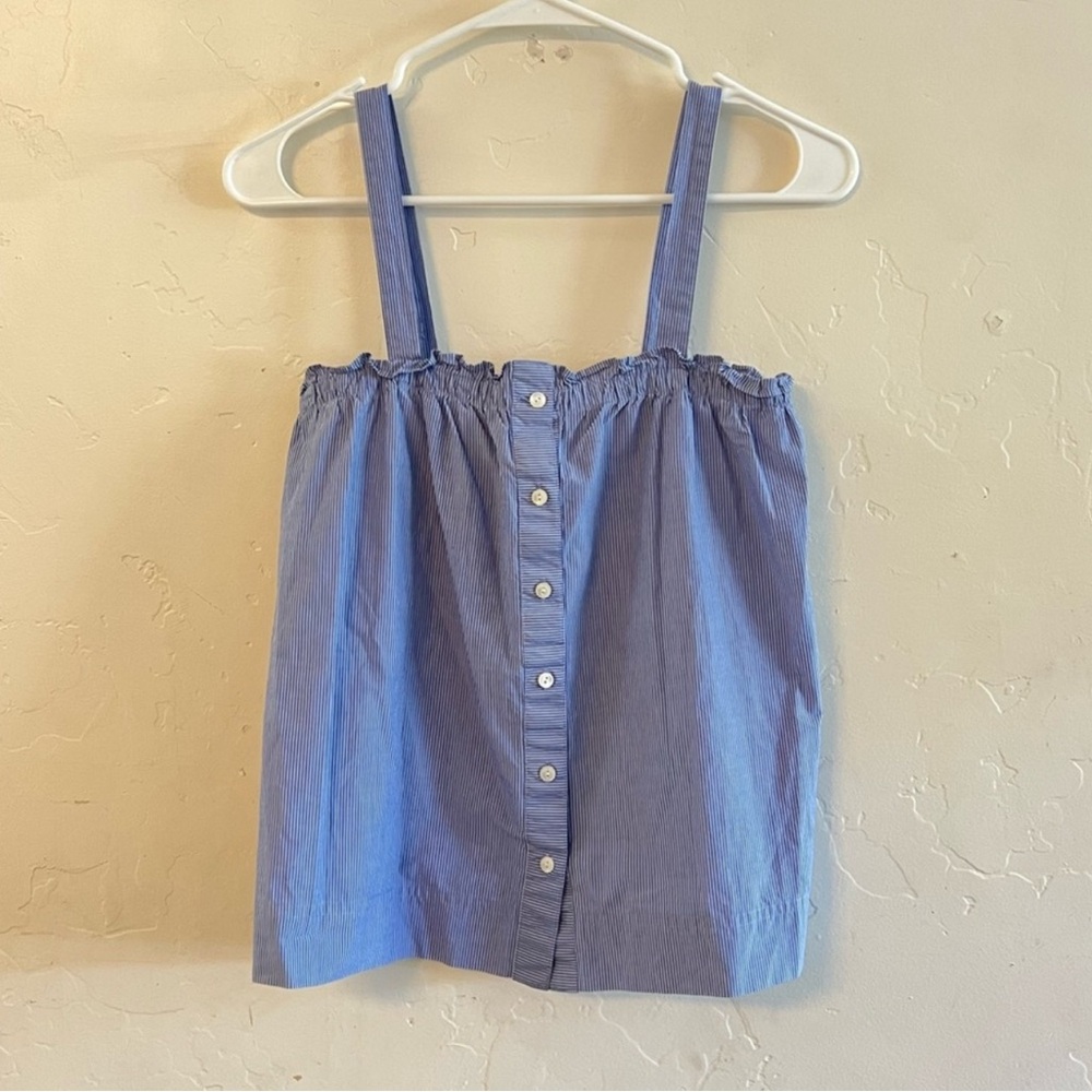J. Crew Blue & White Striped Ruffle Trim Button Down Top 00 Petite